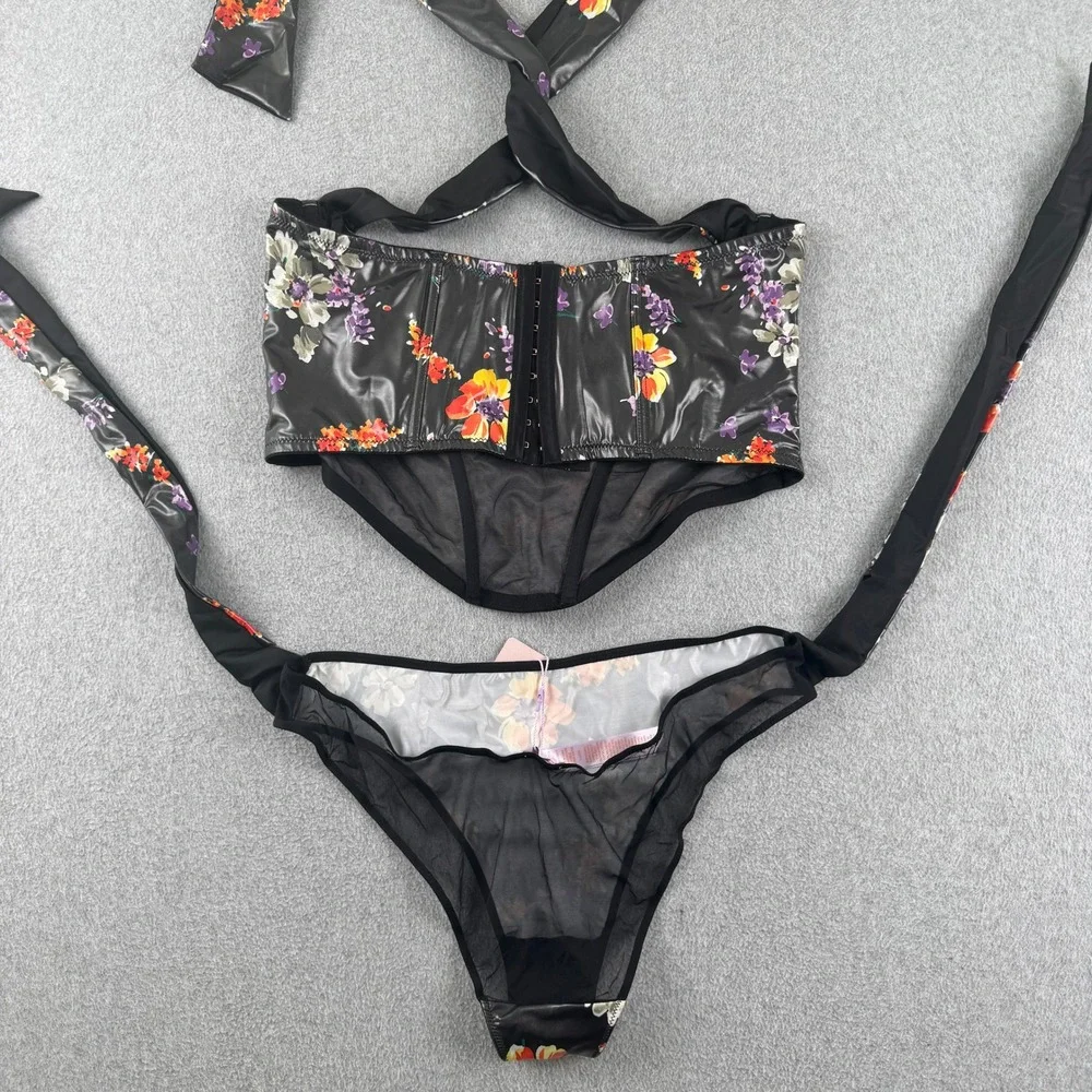 Savage X Fenty Lingerie Set Women 2X/XL Black Floral Corset Top Thong Leather